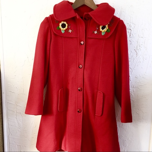 Vintage Red Wool Coat Embroidered Crochet Accents - Picture 2 of 14